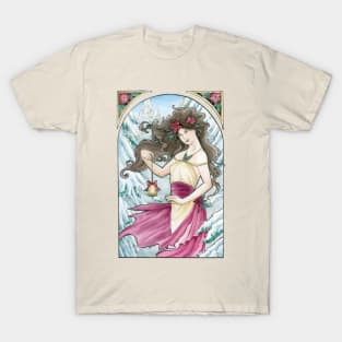 Holiday Art Nouveau Woman with Bell and Poinsettia in the Snow - Spirits of Winter Series T-Shirt